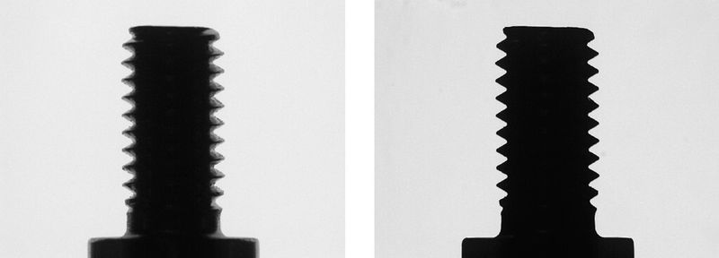 Bild 4: Schraube diffus beleuchtet (links) und telezentrisch (rechts). (Bild: Vision & Control)