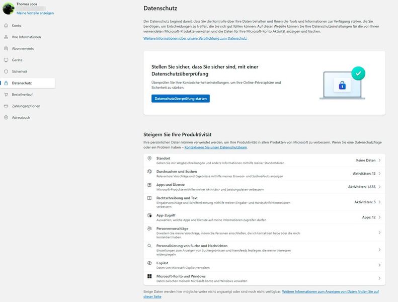 Das Datenschutz-Dashboard im Microsoft-Konto zeigt alle zentralen Datenkategorien und ermöglicht den direkten Zugriff auf Analyse und Steuerung gespeicherter Aktivitäten. (Bild: Joos)