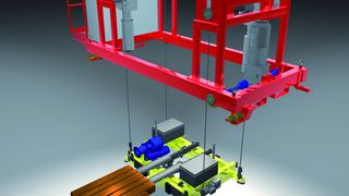 Das Lagerbediengerät Transfaster, eine Alternativlösung zu Regalbediengeräten und Schmalgangstaplern, besteht aus einer Verfahreinheit und einer an vier Stahlseilen befestigten, vertikal beweglichen Hubplattform. Bild: Transstore (Archiv: Vogel Business Media)