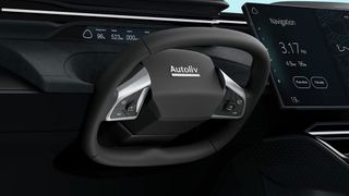 Das klappbare Lenkrad soll im autonomen Fahrbetrieb Raum freigeben. (Bild: Autoliv/Screenshot: Youtube)