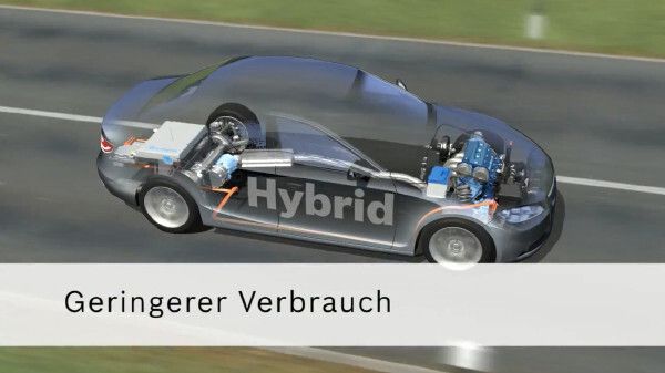 Mit der elektrischen Energie kann die E-Maschine den Verbrennungsmotor unterstützen und so Kraftstoff sparen (Bosch)
