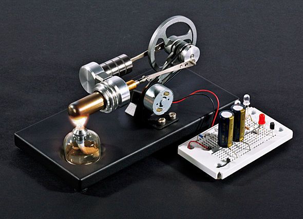 Experimente mit dem Stirlingmotor: Dieses neue Franzis-Lernpaket enthält ein voll funktionsfähiges Stirlingmotor-Modell, einen elektrischen Generator sowie alle benötigten Bauteile. Das Prinzip des Stirling-Motors: Im Gegensatz zu Explosionsmotoren arbeitet der Stirlingmotor ohne innere Verbrennung. So können unterschiedliche Wärmequellen genutzt werden – insbesondere auch regenerative Energien. (Bild: www.wissenschaft-shop.de)