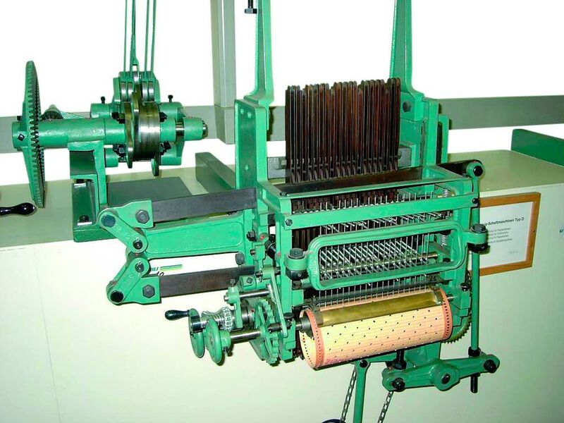 1915: Erste Gegenzug-Schaftmaschine mit Musterkarten aus Holz. (Stäubli )