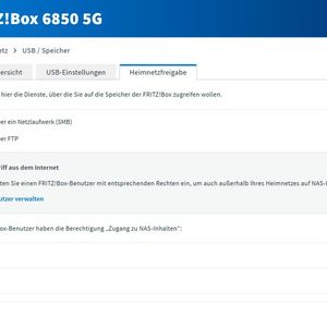 Die Heimnetzfreigabe zeigt die Aktivierung von SMB und optionalem FTP sowie die Benutzerverwaltung für den kontrollierten Zugriff auf NAS-Inhalte.(Bild:  Joos – FRITZ!)