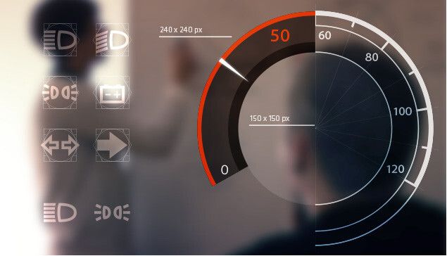 Die Unterteilung in einen äußeren und inneren Bereich macht es möglich, Elemente in unterschiedlichen Variationen anzuordnen ohne die Harmonie und Norm zwischen den beiden Anzeigeinstrumenten zu beeinflussen. (Form & Drang)