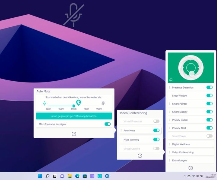 Praktisch ist die Automute-Funktion. Wenn man sich in einer Videokonferenz zurücklehnt, etwa um  kurz mit Kollegen zu sprechen, dann wird das im Notebook integrierte Mikrofon automatisch stumm geschaltet. (Bild: Vogel IT-Medien)