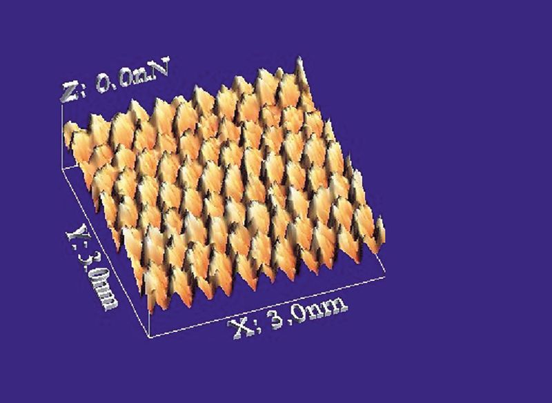 Abb.3: Wie entsteht Reibung auf atomarer Ebene? Friction-AFM ermittelt die Kräfte, die bei der Bewegung der Sonde über die einzelnen Kohlenstoffatome einer Graphitoberfläche überwunden werden müssen. (Archiv: Vogel Business Media)