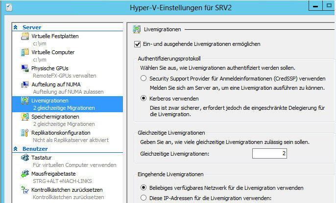 Abbildung 2: Screenshot zum Konfigurieren der Livemigration in Windows Server 2012. (Bild: Thomas Joos)