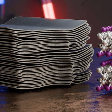 The image combines a model derived from a scanning electron microscopy image (left) with a snippet of the underlying crystal structure of a studied MXene featuring precisely controlled surface terminations. (Source: B. Schröder/HZDR)