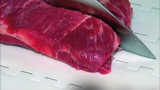 Die Oberfläche von Förderbändern in der Fleischindustrie muss so beschaffen sein, dass man auf ihnen problemlos schneiden kann. (Archiv: Vogel Business Media)
