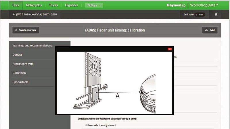 Das System für Wartungs- und Reparaturinformationen „Workshop Data“ von Haynes-Pro bietet nun auch Anleitungen für die Kalibrierung von FAS/ADAS.