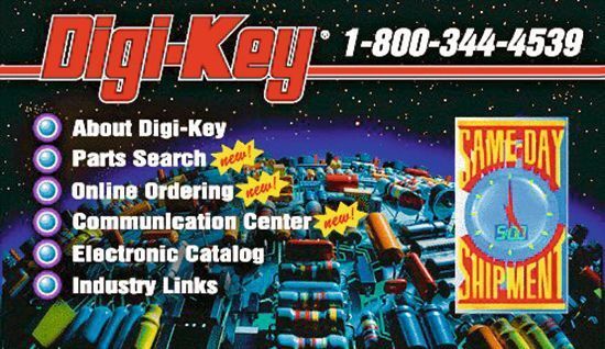 Digi-Key und das Internet: Mit dieser Seite ging das Unternehmen 1996 online. Mittlerweile werden weltweit 167 Länder in der jeweiligen Landessprache mit Informationen und Zugang zu den Produkten bedarfsgerecht versorgt. Die Webseite für den deutschsprachigen Raum ging 2003 online. (Digi-Key)