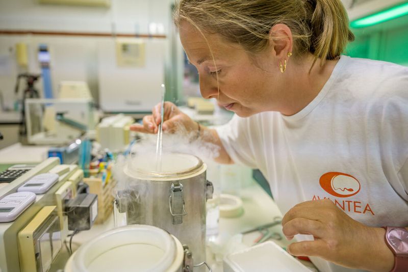 Avantea’s Paola Turini, takes frozen semen from a dead northern white rhino and injects eggs collected from northern white rhinos females August 25, 2019 in Cremona, Italy.  (Ami Vitale)