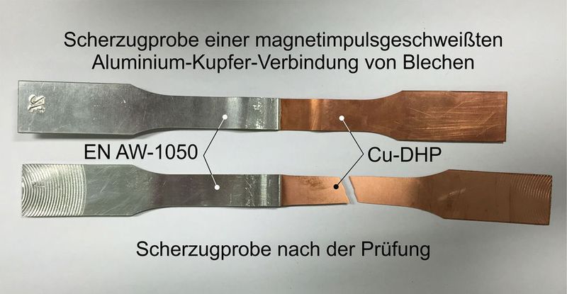 Bild 4: Scherzugprüfungen an magnetimpulsgeschweißten Kupfer-Aluminium-Verbunden bestätigen die hohe Festigkeit der Fügenaht. Es versagt der weichere Werkstoff Kupfer, weitab von der Verbindungsstelle. (Fraunhofer-IWU)