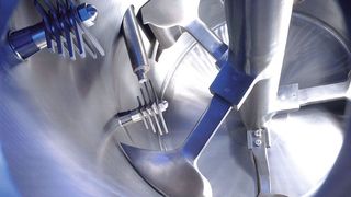 Blick in den Pflugscharmischer, der chargenweise sowie kontinuierlich arbeiten und schwierige Stoffe agglomerieren kann.  (Bild: Gebr. Lödige Maschinenbau)