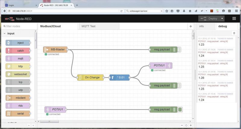 Die Thinglyfied-Konfigurationsschnittstellen nutzen die Open Source-Software Node-RED, um vernetzungsfähige Komponenten (z.B. Steuerungen, Sensoren) als Datenquellen mit beliebigen Datensenken (z.B. einer Cloud mit Predictive Maintenace Service) zu verdrahten. Dafür werden auf einer webbasierten Arbeitsfläche vorgegebene Objekte (sogenannte Nodes) platziert, miteinander verbunden und den Anforderungen entsprechend konfiguriert. Node-RED läuft auf einem physischen oder virtuellen Gateway und lässt sich mit jedem HTML5-fähigen Webbrowser nutzen. (SSV Software Systems)