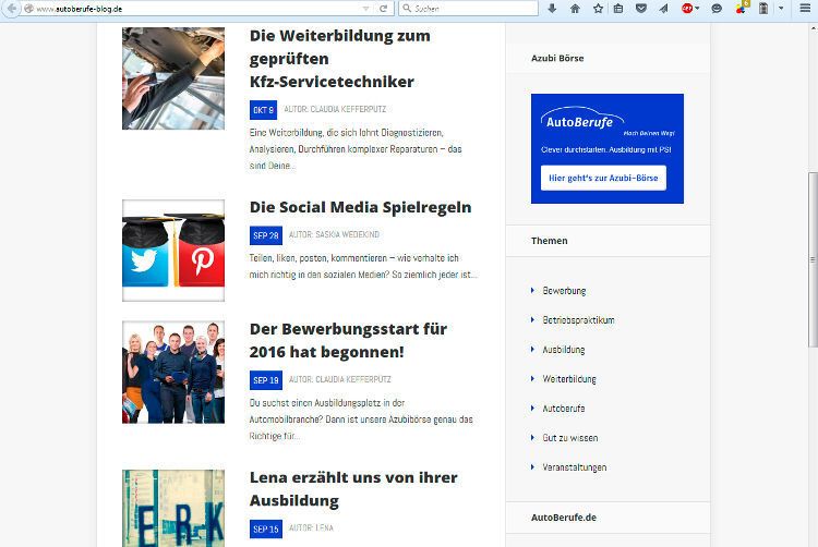 Es gibt zudem direkte Links zum Autoberufe-Blog sowie zu den sozialen Netzen. (Foto: autoberufe)