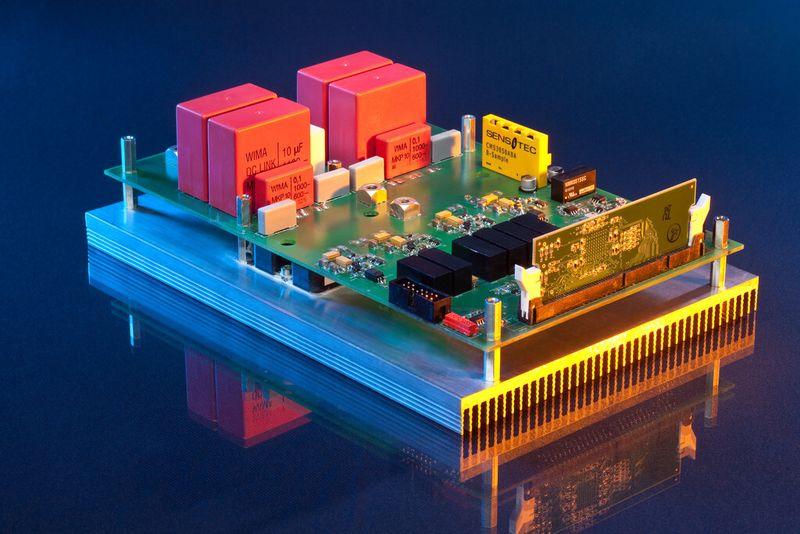 Durch den Einsatz neuer Halbleiterbauelemente aus Siliziumkarbid (SiC) konnte die Effizienz der verschiedenen leistungselektronischen Wandler im gesamten Ladesystem erheblich gesteigert werden. (Bild: Fraunhofer ISE)