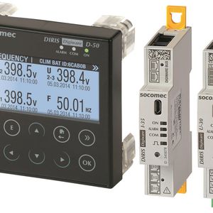 Das Bild zeigt v.l.n.r. die Steuerungs- und Versorgungsschnittstelle Diris Digiware D, das Modul zur Strommessung Diris Digiware 1-4x und das Modul zur Spannungsmessung Diris Digiware U-x.