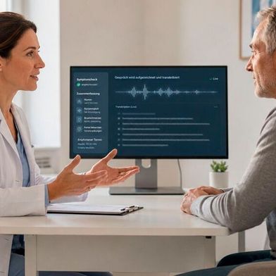 Die KI-gestützte Dokumentation von samedi soll vollen Fokus auf das Patientengespräch ermöglichen und den Dokumentationsaufwand reduzieren. (Bild: samedi / Adobe Firefly / KI-generiert)