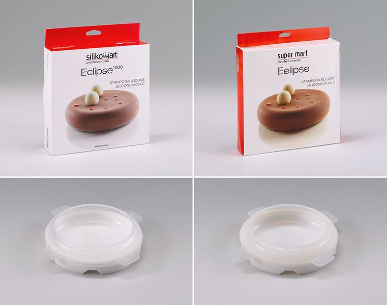 Das Silikonförmchen „Eclipse“ für Lebensmittel wird von der italienischen Firma Silikomart S.r.l. hergestellt (links im Bild). Ein unbekannter Hersteller aus China hat das Produkt kopiert.  Das Produktdesign wurde 1:1 kopiert. Ebenso (nahezu) identisch - und damit irreführend - sind Verpackungsdesign, Firmenname und Produktname. Das minderwertige Silikon ist höchst wahrscheinlich nie ordnungsgemäß getempert (wärmebehandelt) worden, was aber vorgeschrieben ist für Produkte, die in Kontakt mit Lebensmitteln kommen.

 (Aktion Plagiarius e.V.)