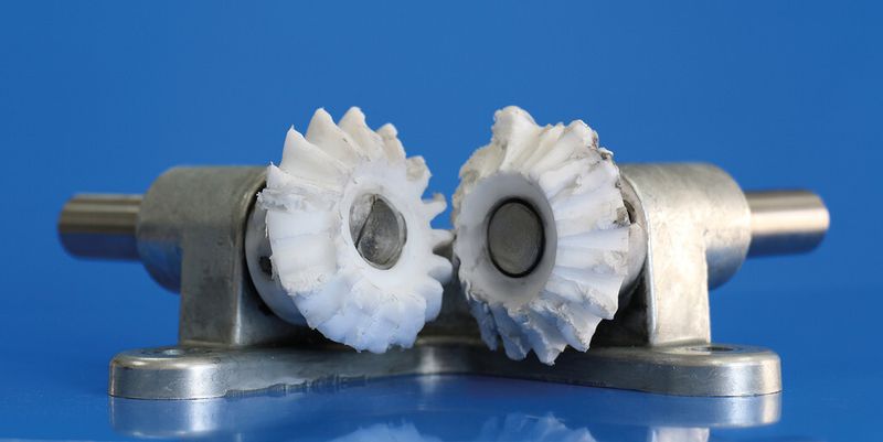 Bild 2: POM-Kegelräder zeigen nach dem gleichen Belastungstest deutliche Schäden. Ein fast identisches Ergebnis zeigten die Teile aus PA 6.6. (Bild: Akro-Plastic)