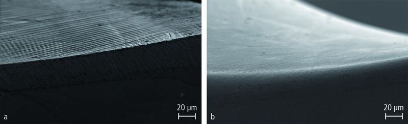 Bild 5: Schneidkante eines Zerspanwerkzeugs vor (a) und nach dem Strömungsschleifen (b). Derzeit werden die Mechanismen der Kantenausprägung, die Ausbildung der Topographie sowie der Einfluss des Schleifmediums bei Schneidkanten aus Hartstoffen untersucht. Bild: IWF (Archiv: Vogel Business Media)
