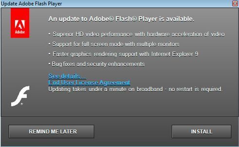 Der Festi-Dropper zeigt ein authentisch aussehendes Abode Flash Player Updater-Fenster, das den Benutzer ködert. (Check Point)