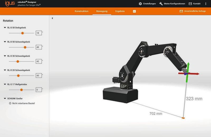 In nur wenigen Klicks zum Wunschroboter mit dem Robolink Designer von Igus.  (Igus)