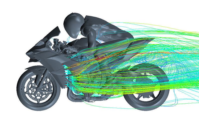 Um die neuen Ninja zu entwickeln, wollte man die Vorteile beider Versionen kombinieren. Für die Designentwicklung nutzte Kawasaki daher Simcenter Star-CCM+ Simulations, um einen Luftstrom an der Front zu generieren und zugleich die Belüftung auf der Rückseite zu verbessern.  (Kawasaki / Siemens)