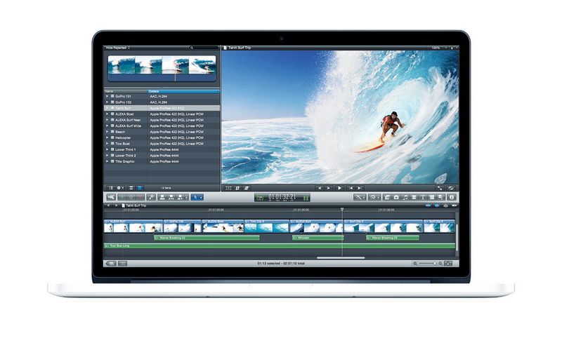 Die Videoschnittsoftware Final Cut Pro nutzt die Auflösung von 2.880 x 1.800 Pixeln geschickt aus - ein Full-HD-Video kann in 1:1-Größe abgespielt werden, und trotzdem bleibt auf dem Bildschirm Platz für die Darstellung der Timeline und einzelner Szenen oder der Bibliotheken. (Archiv: Vogel Business Media)