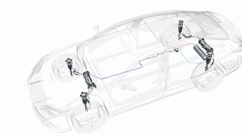 Die schematische Darstellung der Leitungs- und Verbindungssysteme für die Luftfederung und aktive Fahrwerke.(Bild:  Voss Automotive)