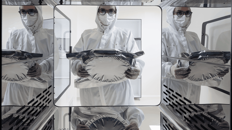 Ein Wafer-Rahmen wird nach der Fertigung gereinigt und im ISO-Klasse-6-Reinraum verpackt – ein entscheidender Schritt für höchste Reinheit und Prozesssicherheit in der Halbleiterproduktion.(Bild:  Sumitomo)
