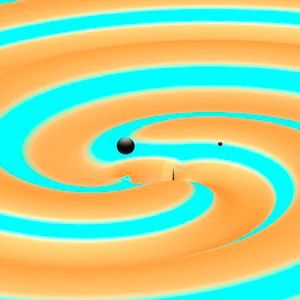 Kosmischer Todestanz I: Die Simulation zeigt, wie zwei schwarze Löcher von 14 und 8 Sonnenmassen einander umkreisen. (Ausschnitt)