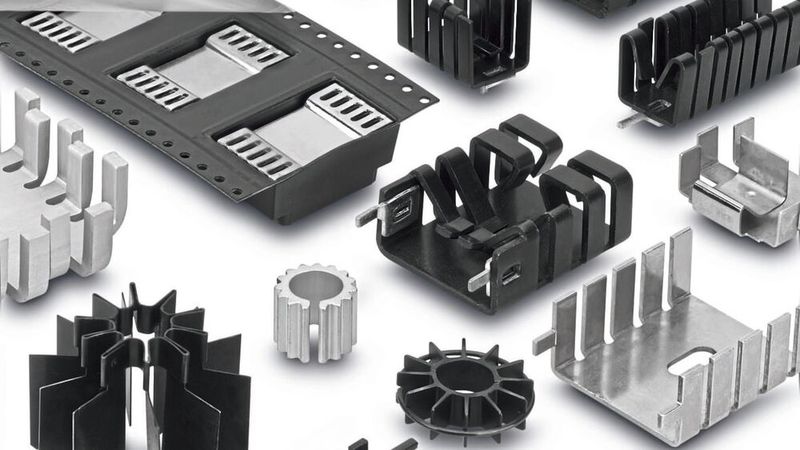 Bild 1: Verschiedenartige Board Level Kühlkörper bewirken eine sichere und effiziente Entwärmung elektronischer Bauelemente auf der Leiterplatte.(Bild:  Fischer Elektronik GmbH & Co. KG)