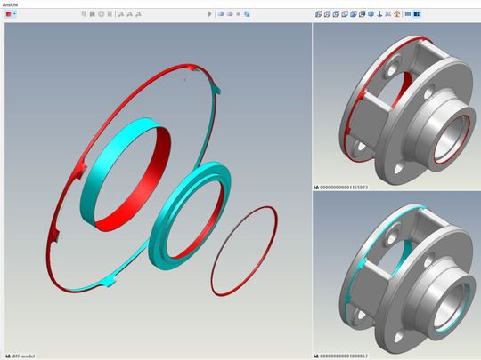 Mittels der grafischen Differenzanzeige  nach einer geometrischen Suche erkennt  man sofort die Unterschiede zwischen  sehr ähnlichen Bauteilen.(Bild:  Simus Systems)