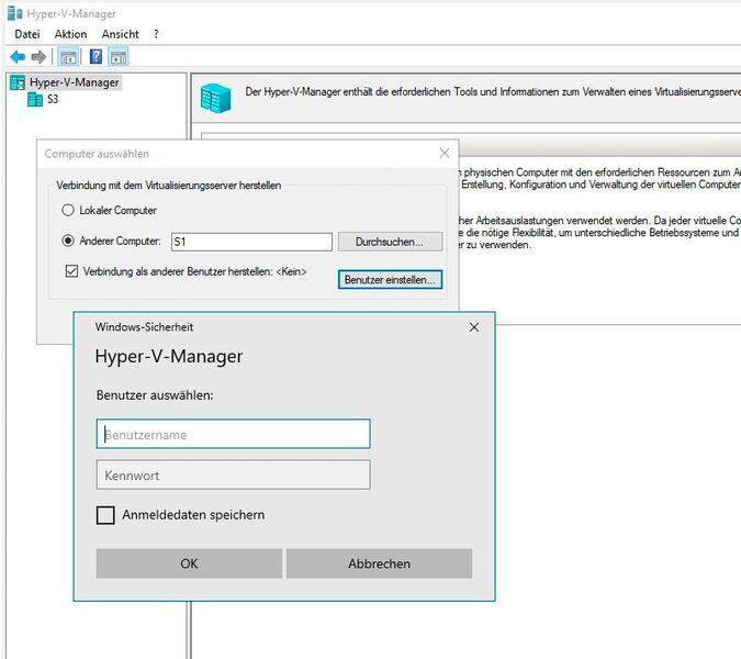 Verbindungsaufbau mit verschiedenen Benutzerkonten im Hyper-V-Manager. (Microsoft / Joos)