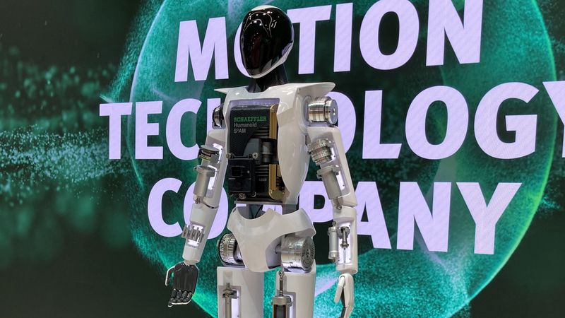 An diesem Ausstellungsstück verdeutlich das Unternehmen auf der Hannover Messe 2026, an welchen Stellen Schaeffler-Komponenten in humanoiden Robotern verbaut werden können.(Bild:  Merger/VCG)
