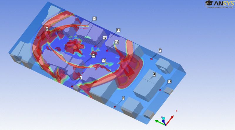 Simulatonsmodell der Druckwellenausbreitung mit Gebäudeobjekten (Bild: Detorba/TU München)
