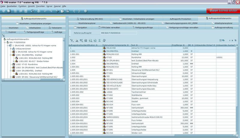 Zentrale Auskunft auch für Service-Techniker: Das Auftragsstücklistenarchiv in oxaion mit Ersatzteilhistorie. Gerade bei Reparaturen wie auch bei Retrofits und Overholing  eine unverzichtbare Informationsquelle. (Bild: Oxaion)