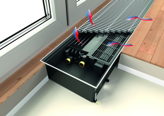 "Ascotherm KC261" Unterflurkonvektoren verfügen über ein Querstromgebläse und können deshalb heizen und kühlen sowie den Raum mit Frischluft versorgen.(Bild:  Arbonia)