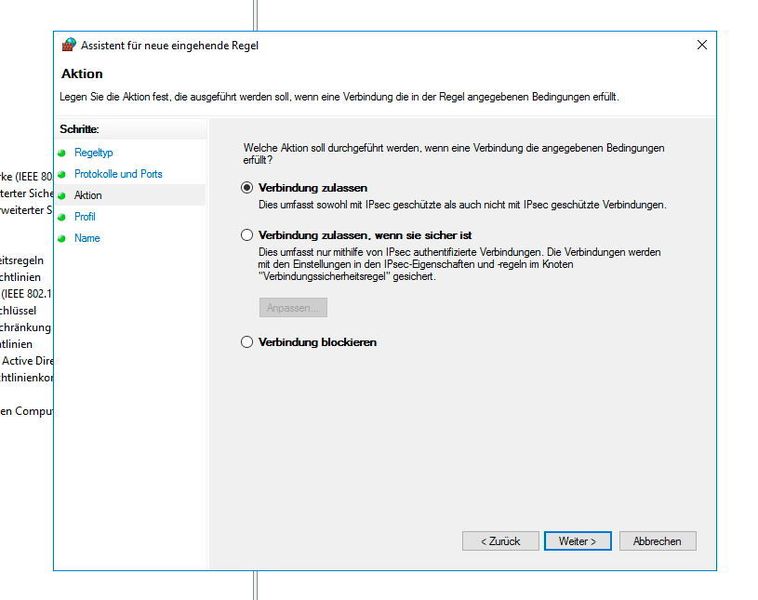 Im Rahmen der Erstellung neuer Firewall-Regeln über Gruppenrichtlinien lässt sich auch die Aktion festlegen, die der Server durchführen soll. Verbindungen lassen sich blockieren, erlauben, oder mit IPSec absichern. Dadurch lassen sich auch Sicherheitsregeln erstellen. (Thomas Joos)