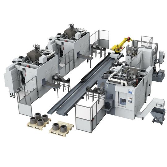 For the complete-machining of truck drum brakes, a robot is used for loading four VL 8 machines. For the complete-machining of truck drum brakes, a robot is used for loading four VL 8 machines.