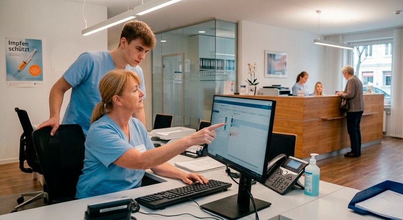 Bei der Einarbeitung neuer Kollegen in der Arztpraxis sollten auch die Regeln zur IT-Sicherheit besprochen werden.(Bild:  Gemini / KI-generiert)