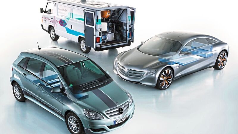 Evolution der Brennstoffzellentechnologie bei Daimler: vom laderaumfüllenden Brennstoffzellensystem im Necar 1 über die B-Klasse F-Cell bis hin zum Forschungsfahrzeug F 125. (Daimler AG)