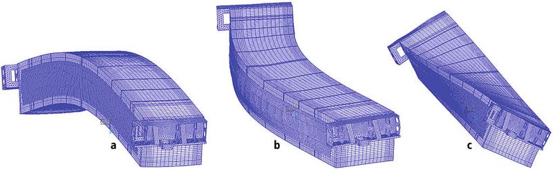 Bild 3: Die simulierten Eigenschwingungen wurden mithilfe experimenteller Messungen überprüft. Das Ergebnis ist eine Maximierung der dynamischen Steifigkeit.	 a 1. Eigenschwingform; b 2. Eigenschwingform; c 3. Eigenschwingform  (Bild: Fraunhofer IWU)