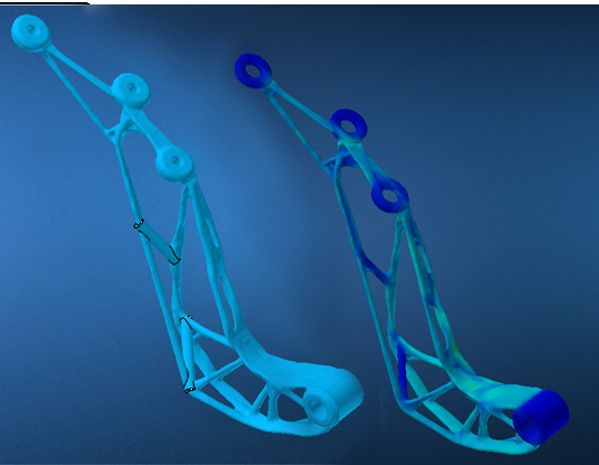 (Zur Unterstützung der langen Strebe wurden zwei weitere Streben nachträglich in das Optimierungsergebnis eingefügt und mit weiteren Berechnungsiterationen sauber eingefügt und angebunden. Bild: Hexagon)