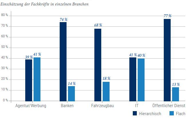 Die Einschätzung der Organisationsstruktur der Unternehmen nach Branchen: Banken und Öffentlicher Dienst sind stark hierarchisch geprägt. Flache Strukturen findet man in der Werbe- sowie in der IT-Branche. (Bild: Stepstone/Kienbaum)