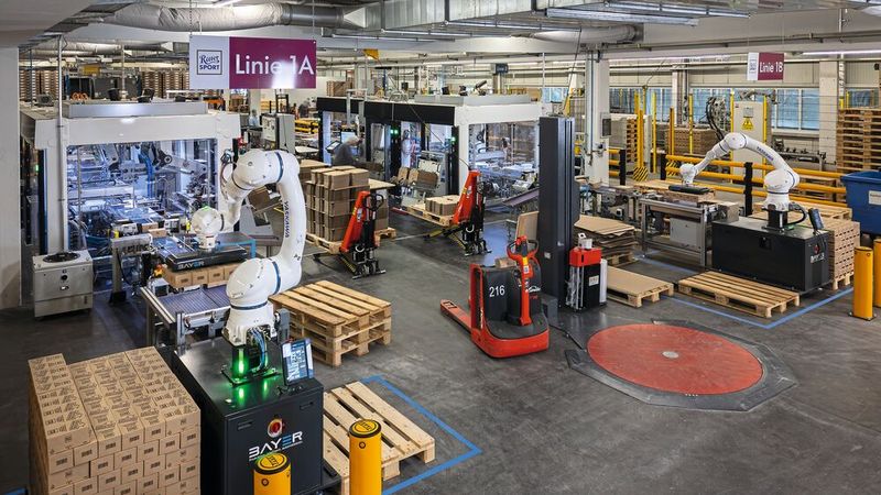 Insgesamt vier solcher Palettiersysteme automatisieren beim Süßwarenhersteller Ritter den letzten Schritt in der Verpackungskette. (Bild:  Yaskawa Europe)
