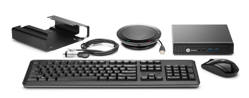 Den EliteDesk 800 G2 Desktop Mini gibt es auch als Collaboration PC G2 mit Zubehör für Skype-Konferenzen. (Bild: HP)